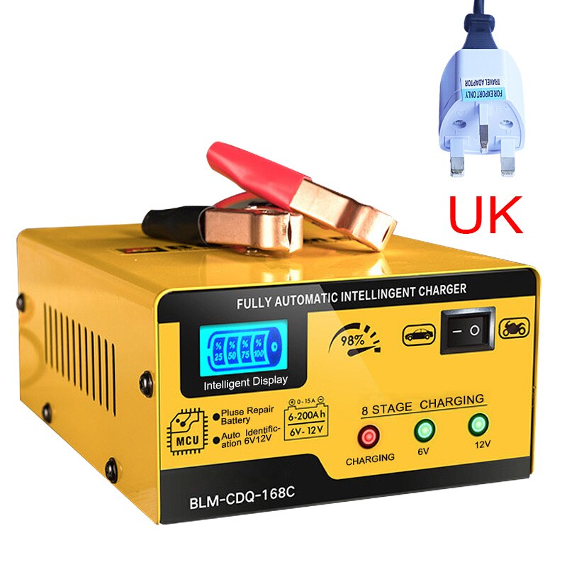 Batería de coche de 6V 12V Charger15A AGM, reparación inteligente de pulso de batería de arranque 200AH para coche, motocicleta, plomo ácido Agm, Gel húmedo: Yellow-UK