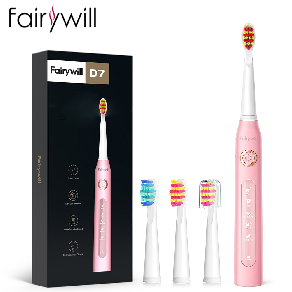 Fairywill-cepillo de dientes eléctrico sónico para adultos, recargable por USB, FW-507, resistente al agua, cabezales de repuesto: Rosa