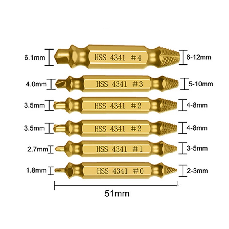 4/5/6Pcs Damaged Screw Extractor Drill Bit Set Stripped Broken Speed Out Bolt Extractor Bolt Stud Easily Take Out Remover: 6 PCS Gold