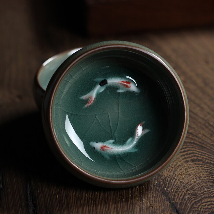 Gaiwan Porcelaine Blanche - Service à Thé Chinois Traditionnel - 240ml - Avec Couvercle Et Soucoupe - Motif Poisson