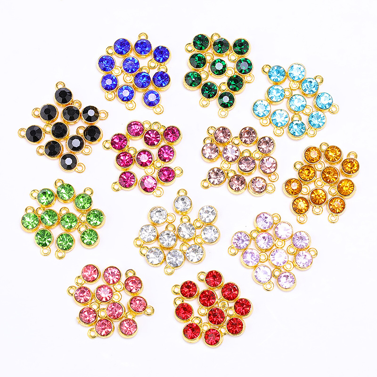 Charms Birthstone in lega di zinco e vetro tondo placcato oro viola 10mm x 7mm, 20 pezzi