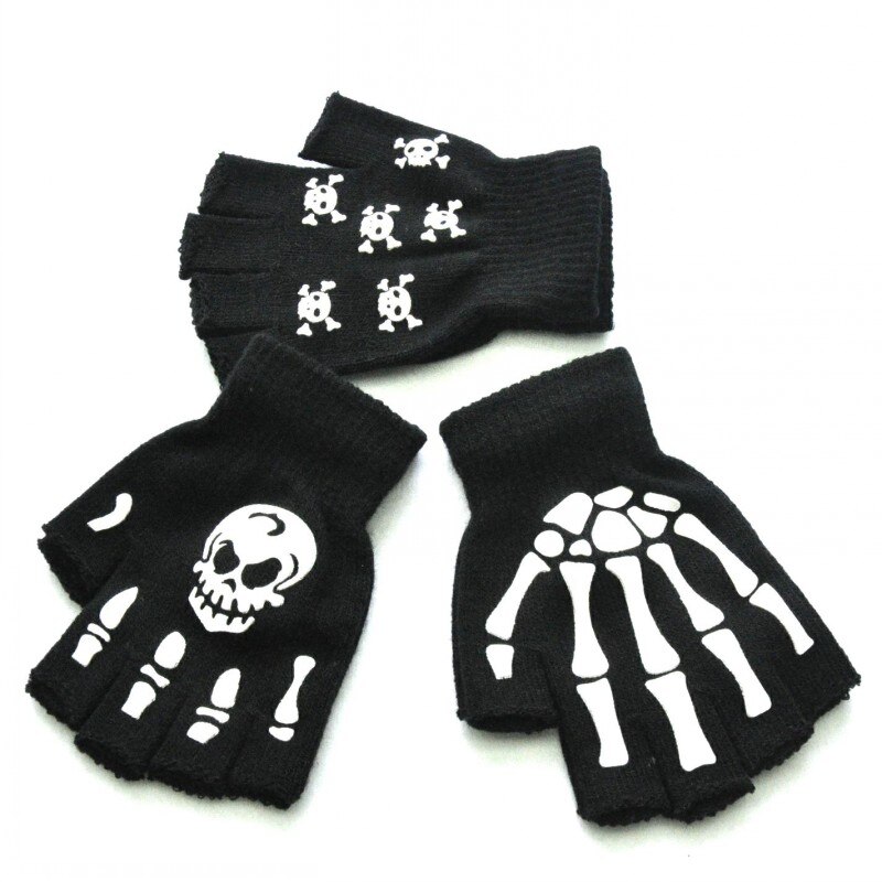 Luminous Skeleton Fingerless Gloves For Men Women Teens Skeleton Skull Cycling Hiking Winter Gloves Gothic Knitted Black Gloves
