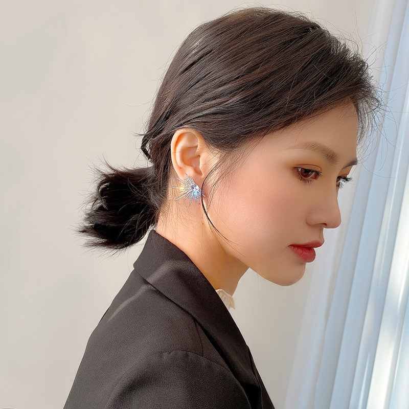 Luxe zilverkleurige oorbellen met grote plant en glinsterende zirkonia steentjes, geschikt voor dames, koreaanse oorbellen.