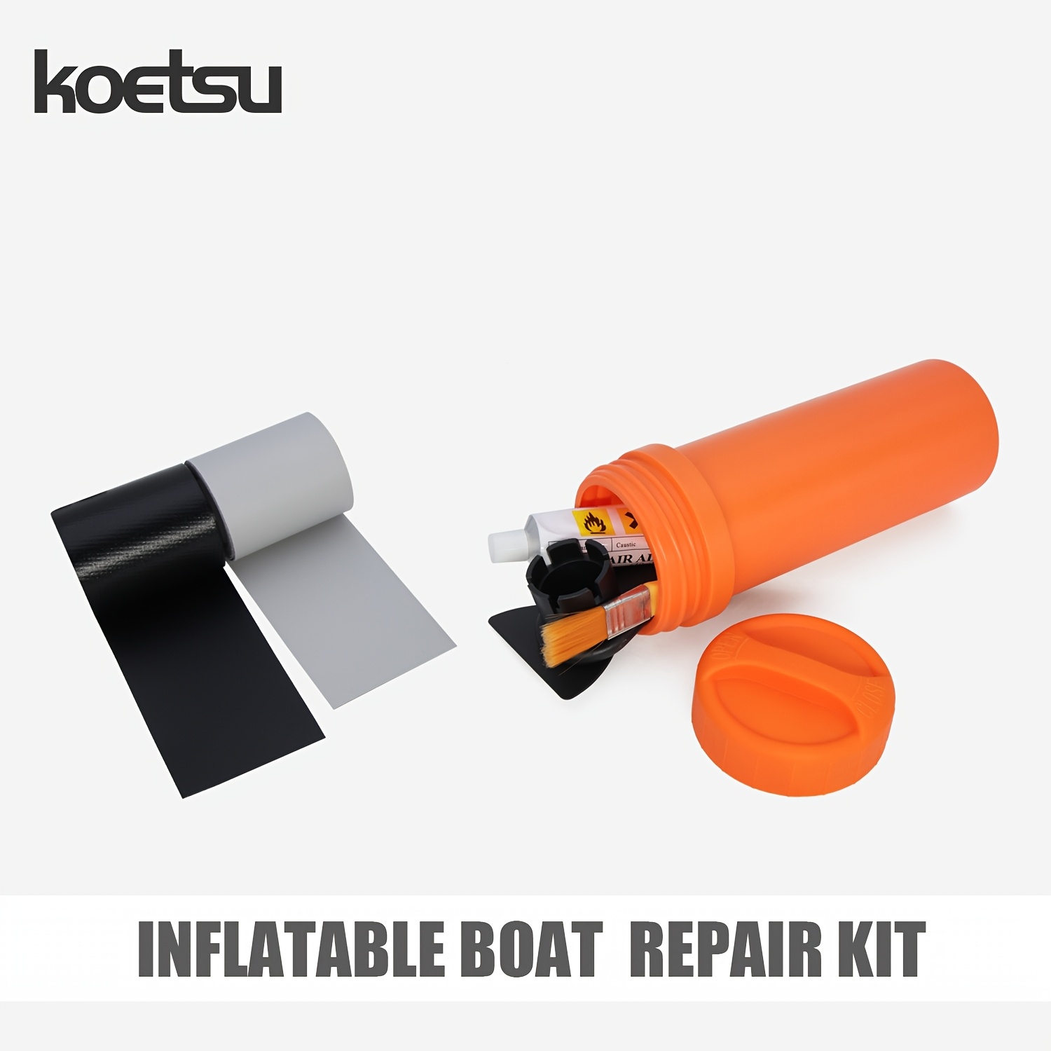 KOETSU 1 PVC Boat Repair Kit for Kayaks Inflatable Boats Floating Docks - Includes Black & Gray Fabric Patches Adhesive Tools