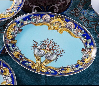 Luxury European Large Oval Ceramic Fish Plate Gold Head Show Dinner Plates Home Decoration Wedding: 02