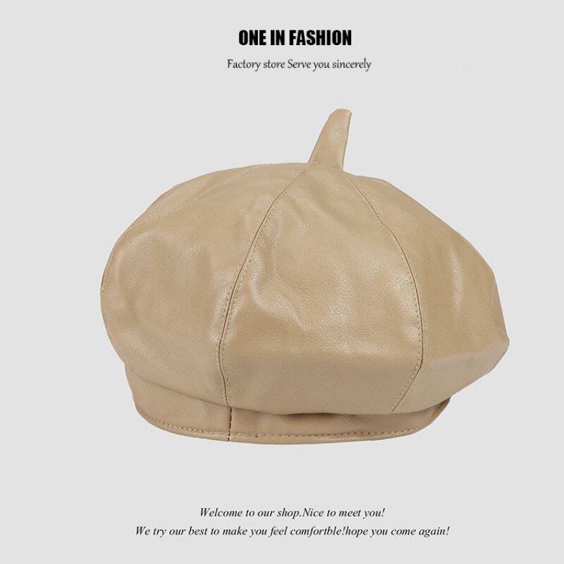 Vintage Women Beret Solid Beret Cap Pu Leather Beret French Artist Warm Beanie Pumpkin Hat Female Ladies All-Match Adjustable: khaki