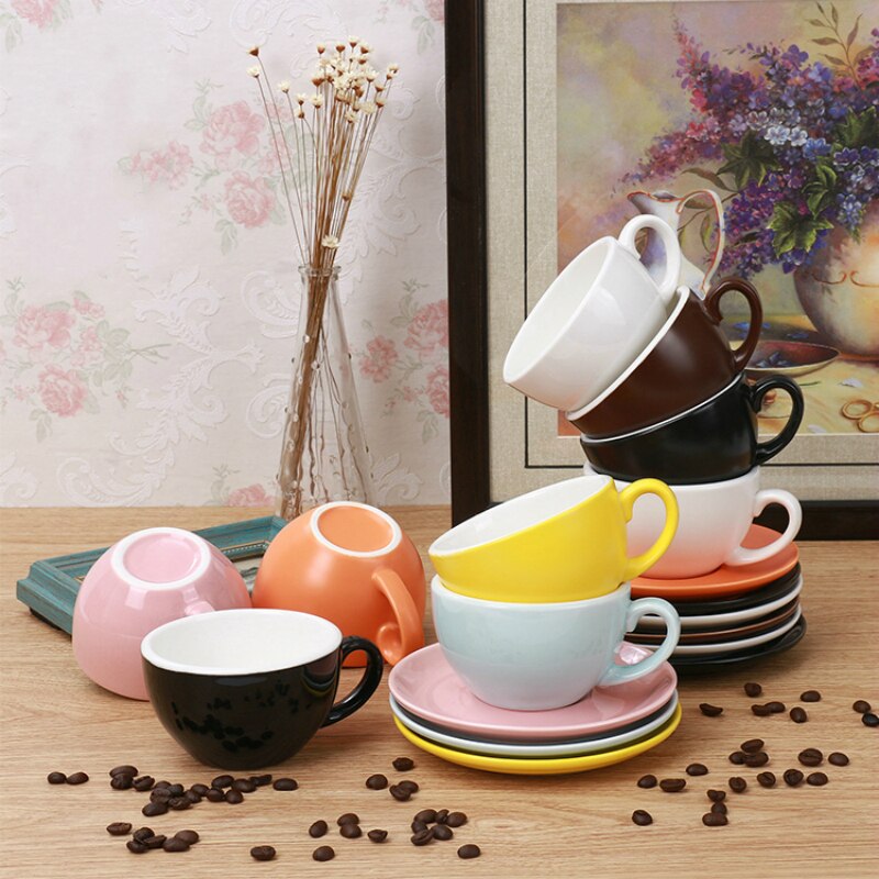 Tasse à café Cappuccino Macaron 240-300ml, en céramique, à bouche large, avec soucoupe, ensembles simples européens, épais et colorés