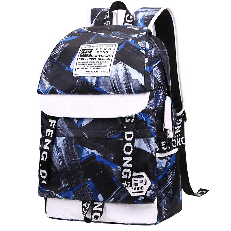 Geometric Print Men Backpack 15.6 Inch Laptop Backpacks Large Capacity Travel Backbag School Bags For Teenager Boys Mochila: Blue