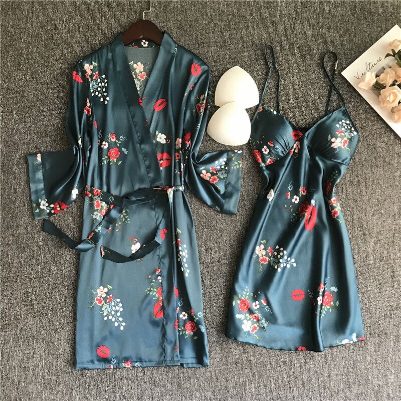 Women Satin Sleepwear Robe Sexy Silk Robe Gown Set Sleep Lounge Indoor Clothing Ladies Nightwear Nightdress With Chest Pads: Flower / L