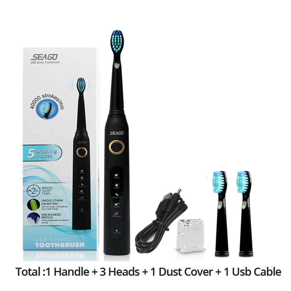Seago SG-507 USB Rechargeable Electric Toothbrush Adult Waterproof Deep Clean Teeth Brush 2 Replacement Heads 5 Cleaning Modes: black
