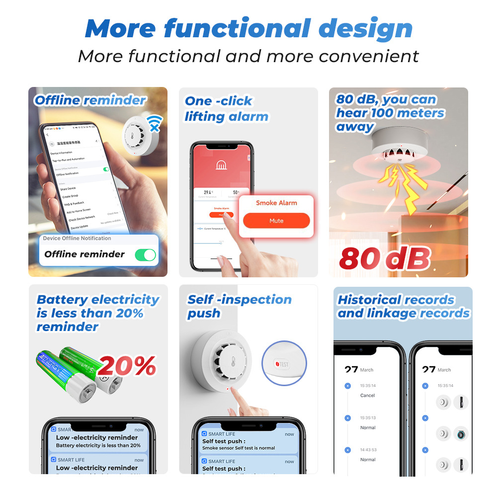 Tuya Wifi capteur de fumée alarme 80DB détecteur intelligent de température et d'humidité d'incendie Protection de sécurité Alexa Google Home vie intelligente