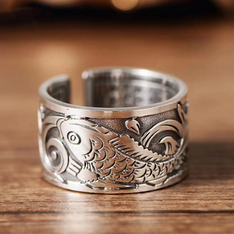 koi fish pattern opening ring men and women good luck heart sutra opening wearing jewelry кольцо мужское