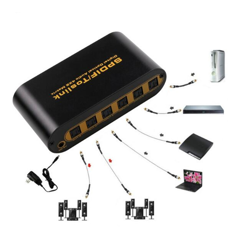 SPDIF TOSLINK Digital Optical Audio True Matrix 4x2 Switcher Switch Splitter 4 In 2 Out Video Converter Remote Control