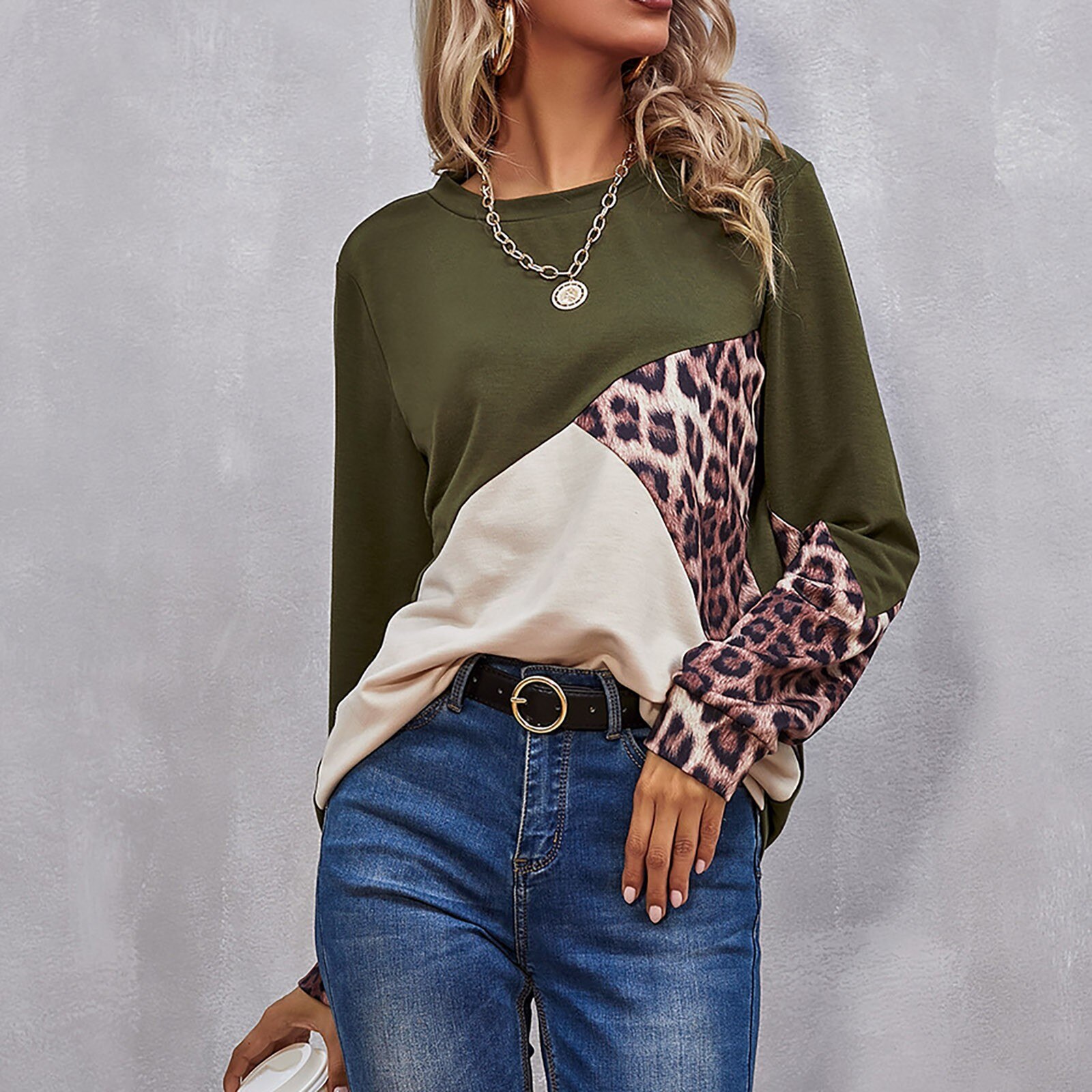 40# Women's Leopard Patchwork Print T-shirts Collision Color Casual Splicing Round Neck T-shirts Tops Mulher Camisetas Футболка