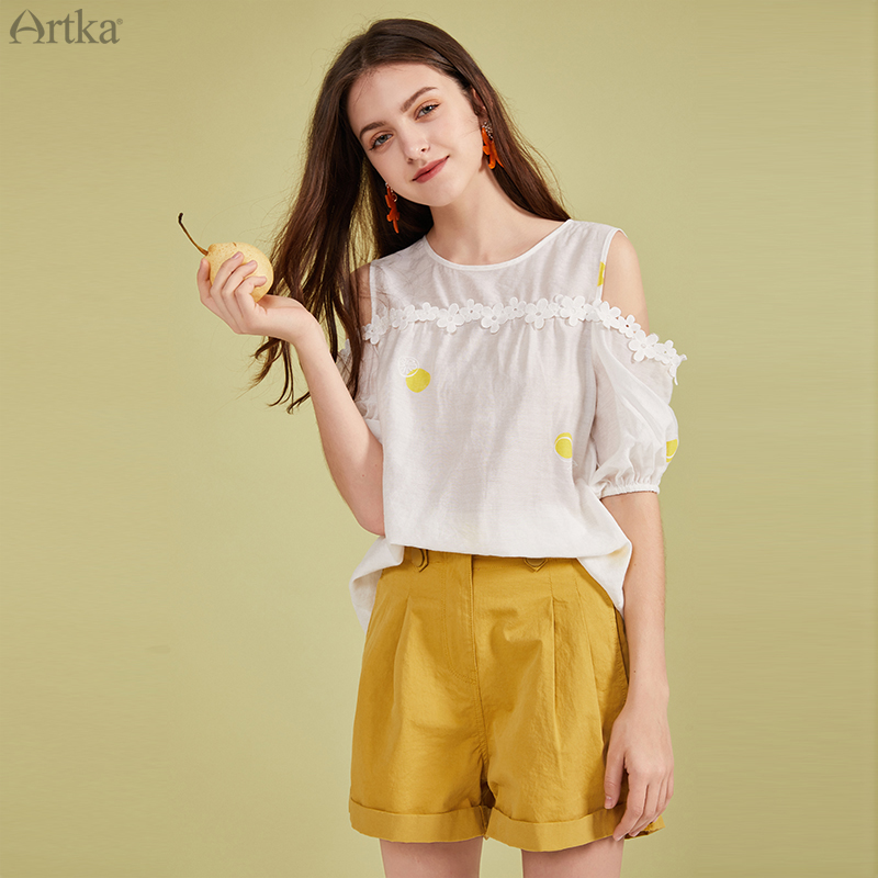 ARTKA Summer Blouse Women Print White Chiffon Shirt Off Shoulder Blouse Loose Short Sleeve Lace Shirt SA20205C