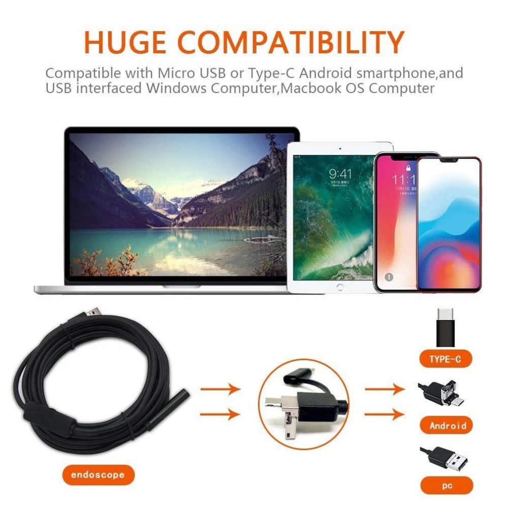 Caméra endoscopique USB 3 en 1, câble dur/souple, 1200 P, pour caméra à serpent étanche de Type c d'android, 2/3. 5/5/10M