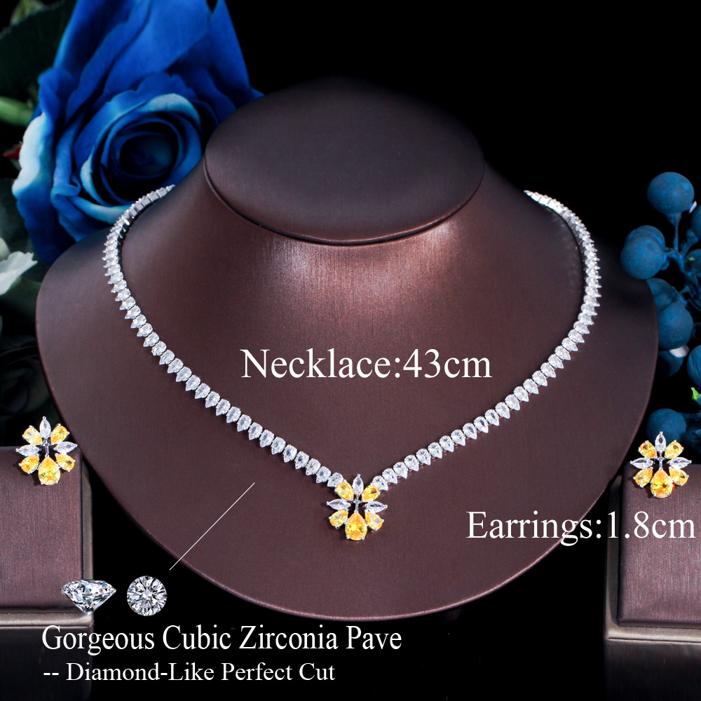 Cwwzirconi giallo lucido zirconi cubici donne festa fidanzamento matrimonio fiore collana orecchini gioielli Set regalo damigella d&#39;onore T586