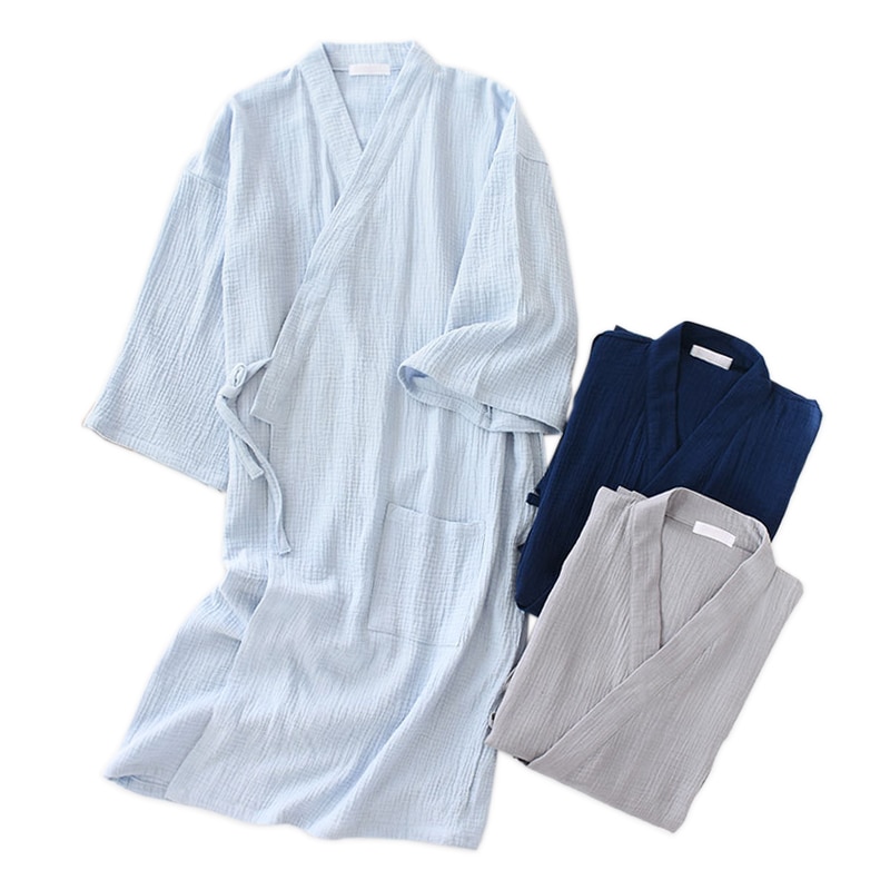 Koselig sommer ren bomull kimono badekåper menn crepe 100%  bomull uformelt mannlige badekåper lange ermer spa japanske badekåper til menn
