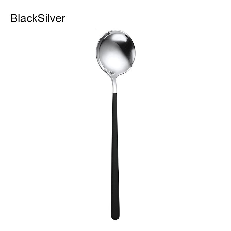 Stainless Steel Spoon Korean Style Spoon Household Exquisite Long Handle Spoon Soup Bibimbap Spoon JW: Blacksilver