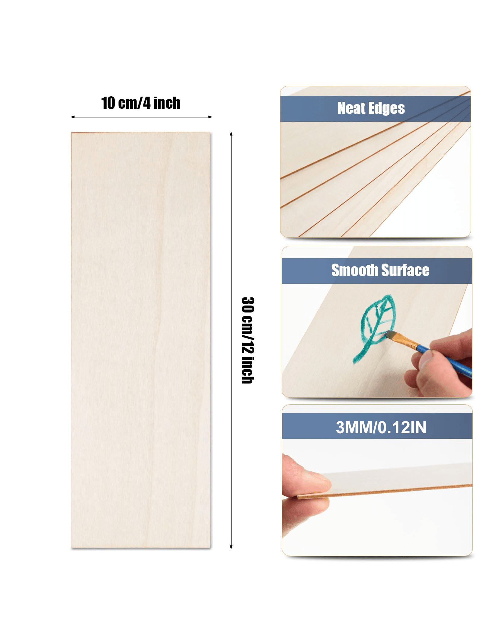 4/8/16 fogli di legno per artigianato 12 x 4 x 1/16 pollici-3 mm di spessore fogli di legno non finiti tavole di compensato sottili per disegno, pittura,