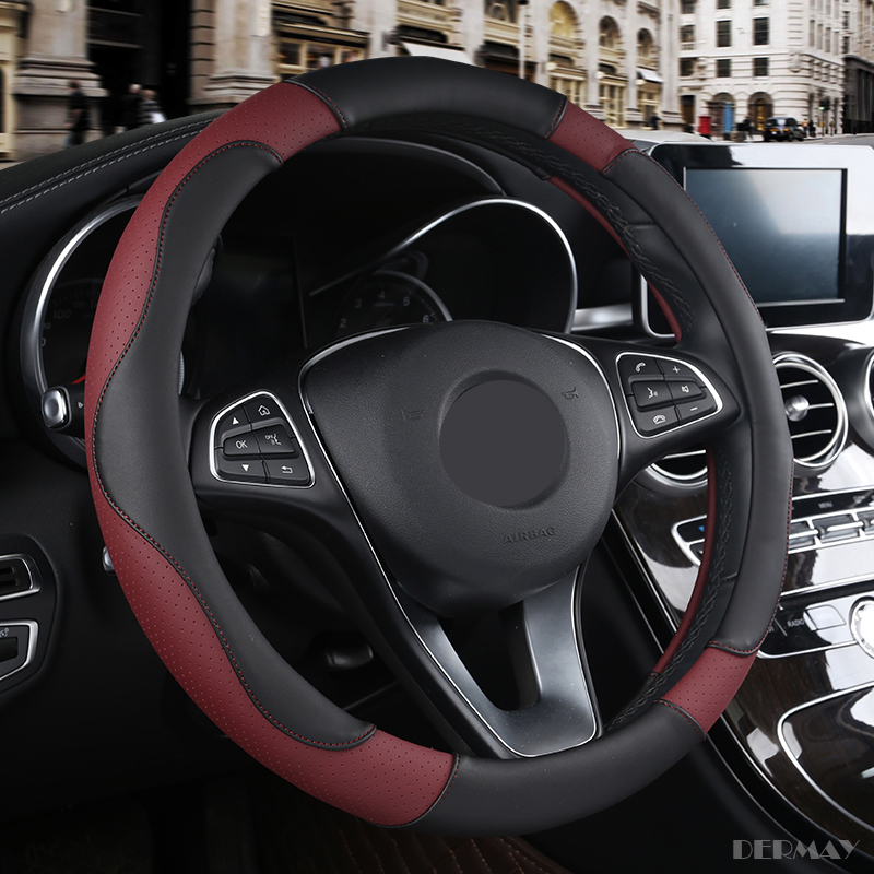 DERMAY Sport Style Contrast Color Non-slip Sweat Good Breathable PU Leatherette 15 Inch Car Steering Wheel Cover: Wine Red