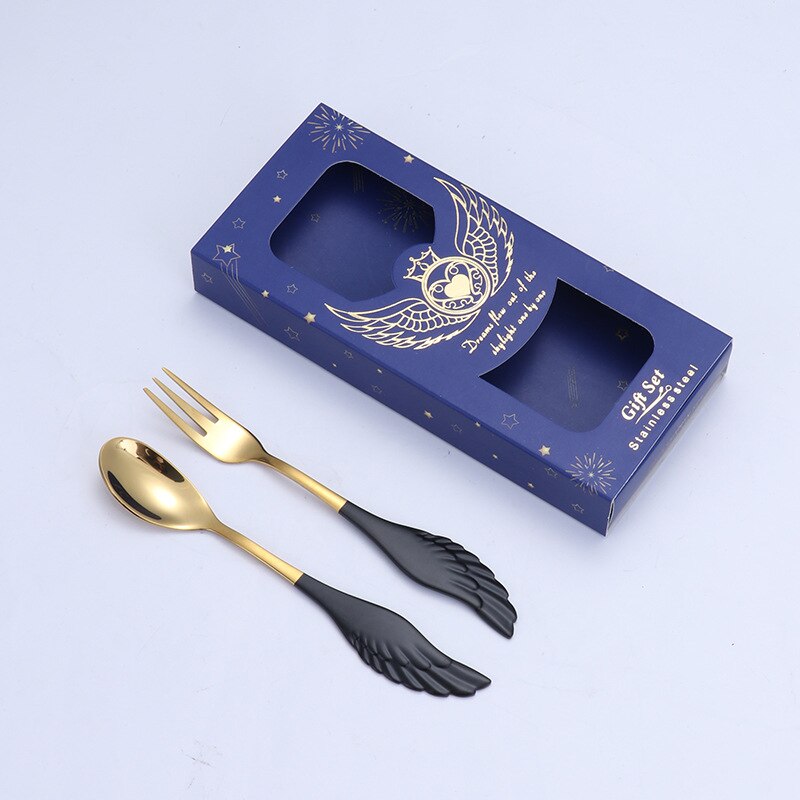 2 Pieces Dessert Spoon Fork 304 Stainless Steel Angel Wing Coffee Spoon Dessert Spoon Fruit Fork With Box: 07