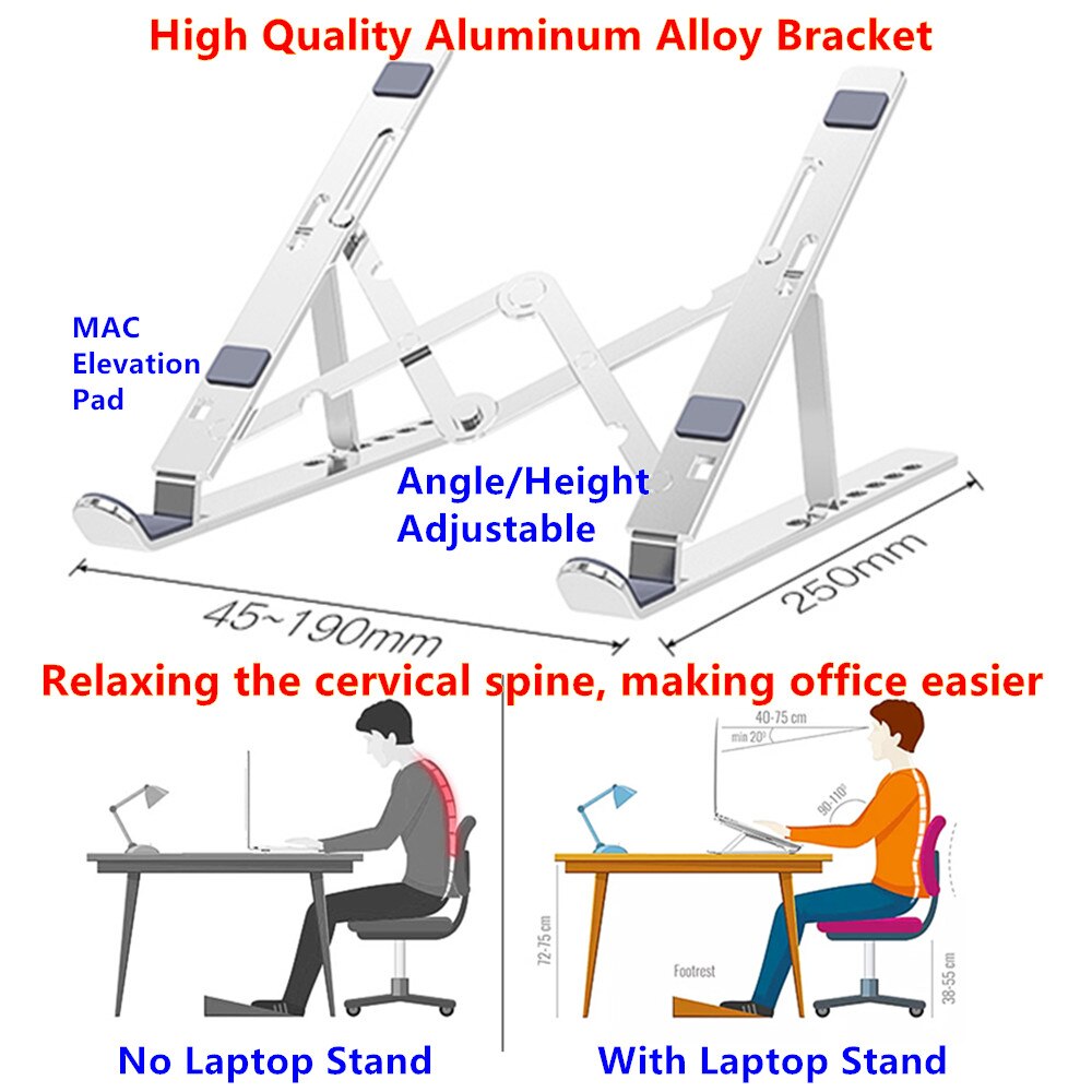 Folding Portable Laptop Stand Viewing Angle/Height Adjustable H Aluminum Alloy Bracket MAC Elevation Pad for Notebook PC