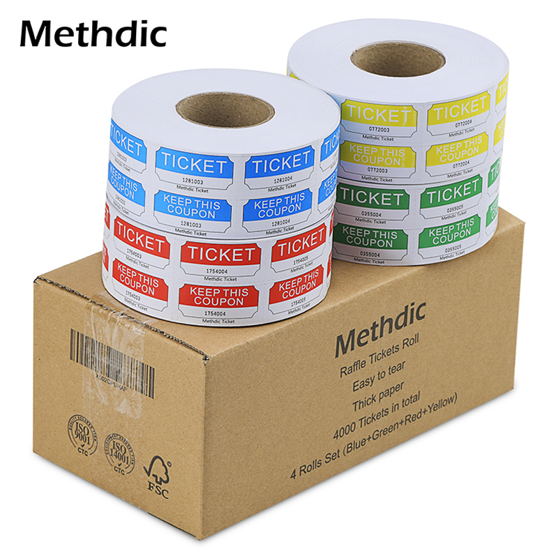 Methdic Raffle Ticket Double Rolls Tickets 1x2 Inch 4 Color for Options