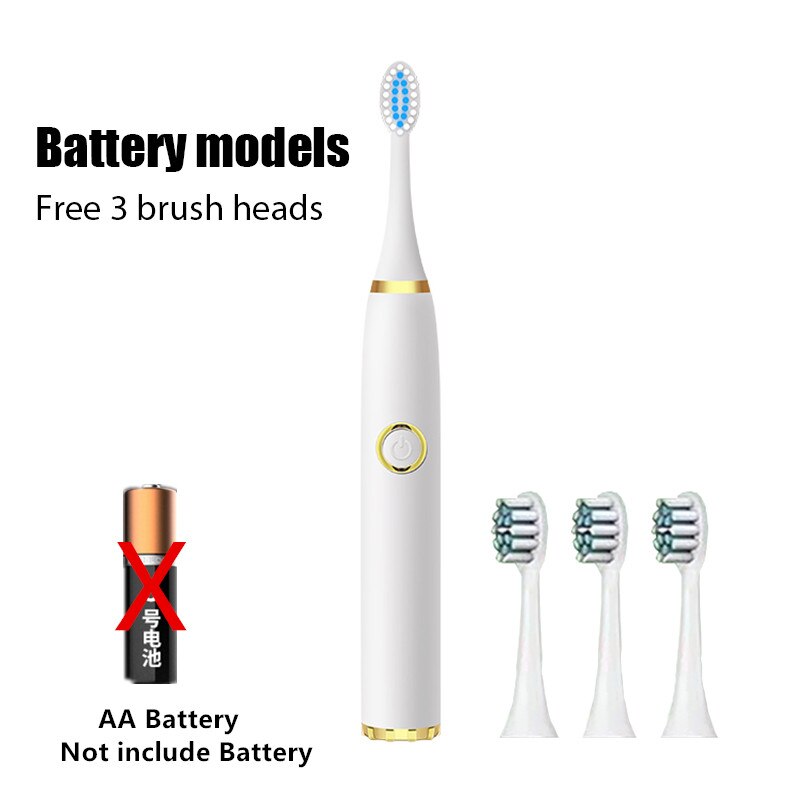 Schall- Elektrische Zahnbürsten für Erwachsene Art Clever Timer Bleichen Zahnbürste IPX7 Wasserdicht Austauschbare AA Batterie Ausführung: Weiß mit 3 Bürste