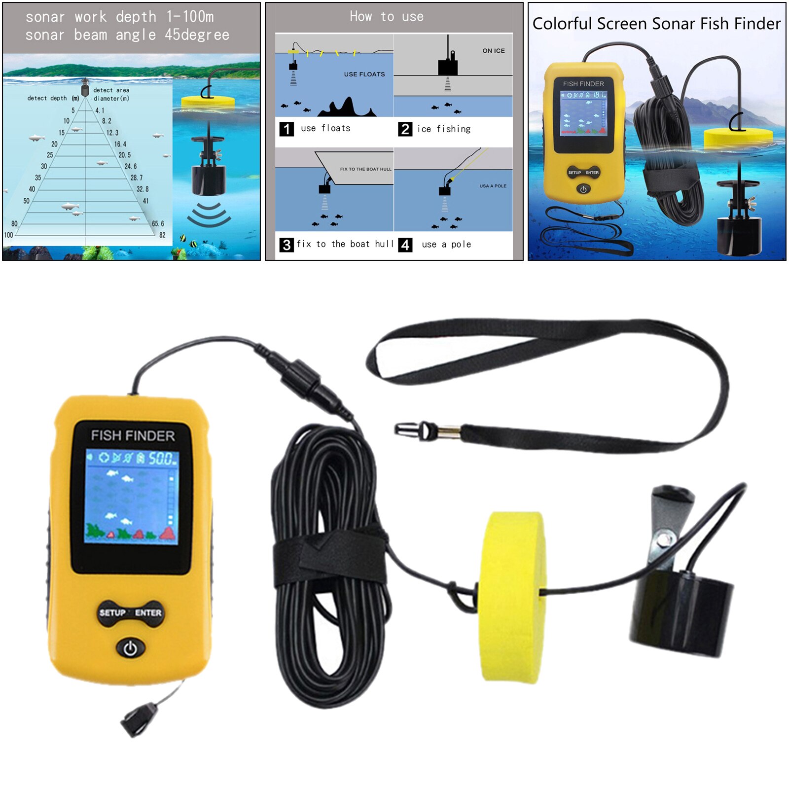 Portable Fish Finder, Contour Readout Compact Fishfinder Depth Sonar Sensor Transducer 5 Sensitivity Fish Depth Finder
