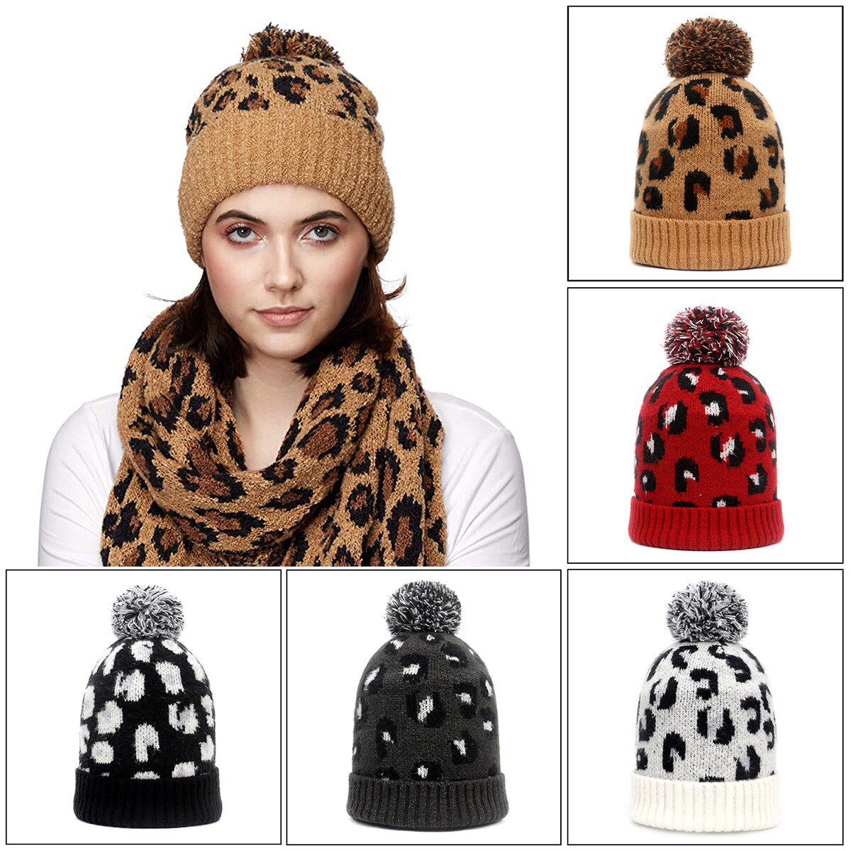 Vrouwen \ U2019s Winter Beanie Hoed Soft Warm Knit Skull Cap Met Luipaard Print Bont Pom Voor Outdoor Activiteiten