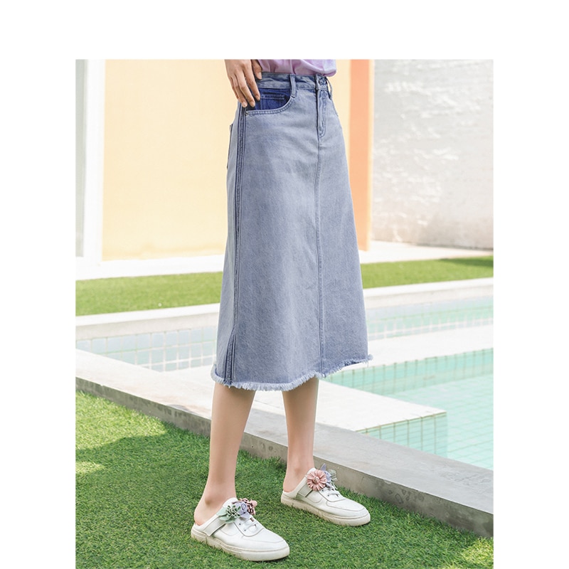 Inman Zomer Pure Katoen Wassen Tint Retro Alle-Wedstrijd A-lijn Beknopte Stijl Denim Rok