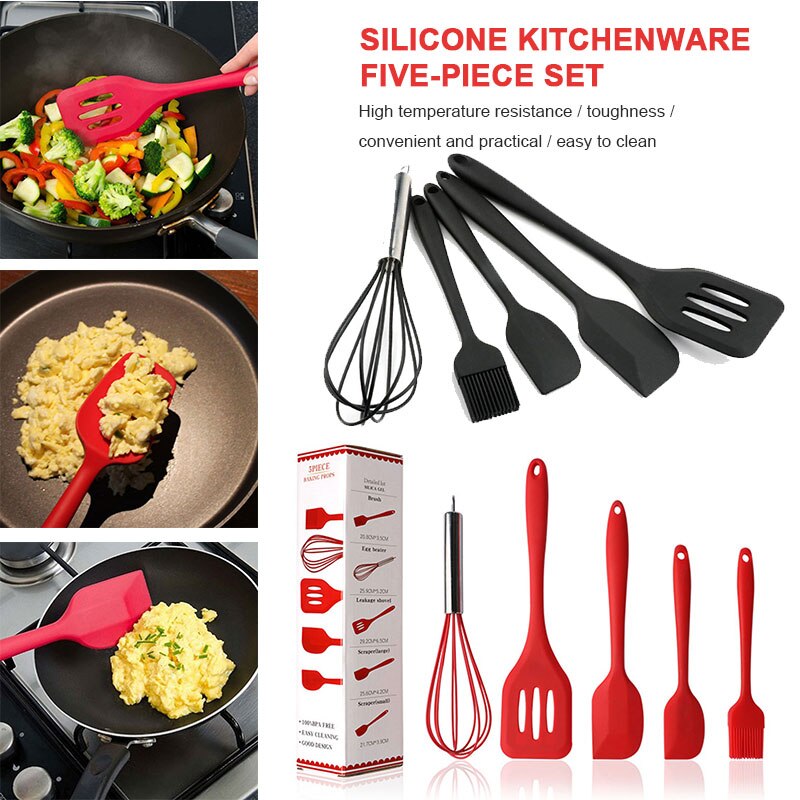 Juego de utensilios de cocina duraderos de grado alimenticio herramientas de cocina de alta resistencia a la temperatura 5 unids/set rojo/Negro sartén antiadherente de silicona cucharón
