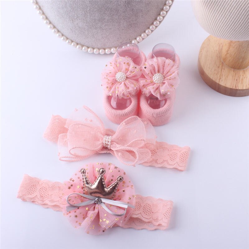 Prinzessinnen-socken- und haarband-einstellen für babys und kleinkinder, atmungsaktive spitze, pailletten, schleife, haarband mit blumenmuster, 3 -teilig