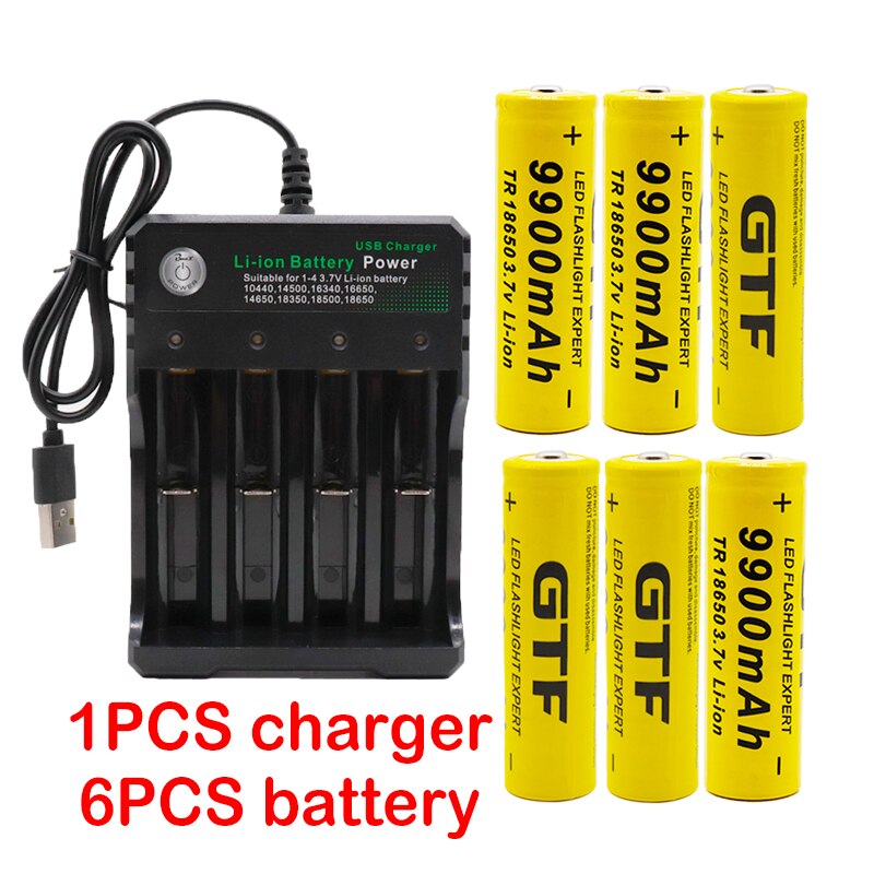 2022 18650 battery 3.7V 9900mAh rechargeable lion battery for Led flash light battery 18650 battery + USB charger: 6Battery ang1charger