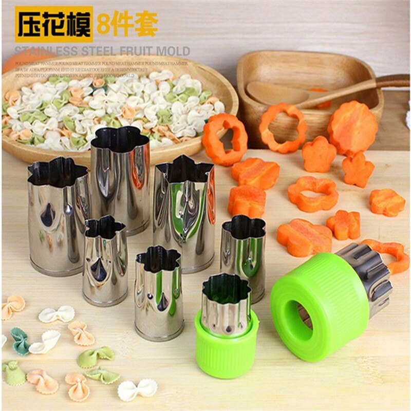 Cortador de fruta con moldes para arroz y verduras, 8 unidades/juego de cortador con dibujo de flores, molde de acero inoxidable para pastel, galleta, galleta, herramientas de forma de corte