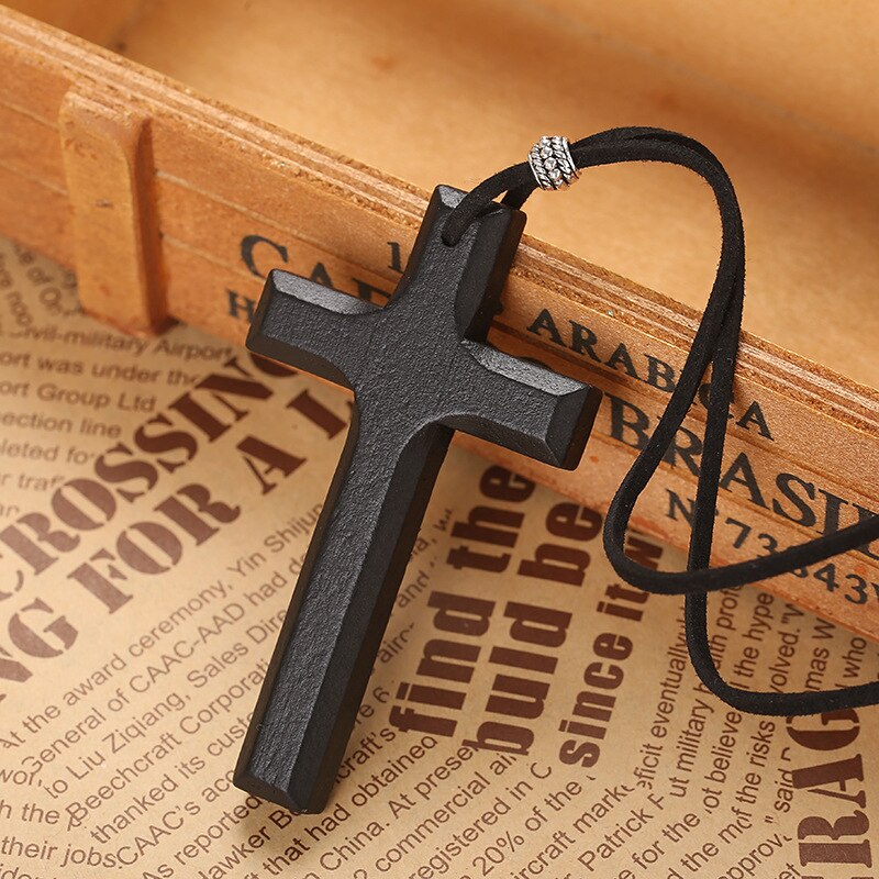 Vintage sort brun kors vedhæng halskæde til mænd kvinde træ krucifiks bøn kristne religiøse halskæder mandlige smykker: B-sort