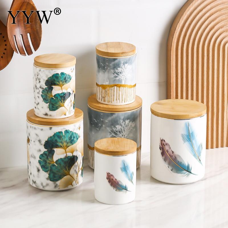 Latas herméticas de cerámica, latas de café nórdicas con tapa de madera, cajas de almacenamiento de fruta seca comida, accesorios de cocina, latas de almacenamiento