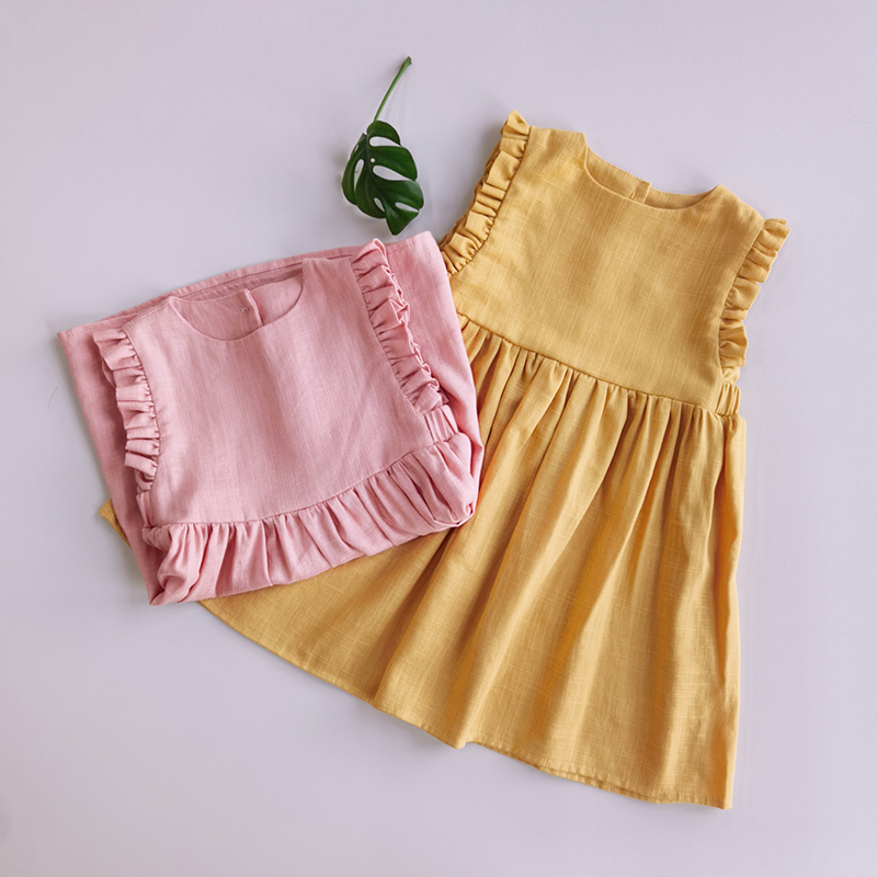 Baby Meisje Jurk 1-6Y Effen Linnen Katoen Ruche Mouw Kinderen Jurken Voor Zomer Prinses Feestjurk Peuter Meisje A-lijn Zonnejurk