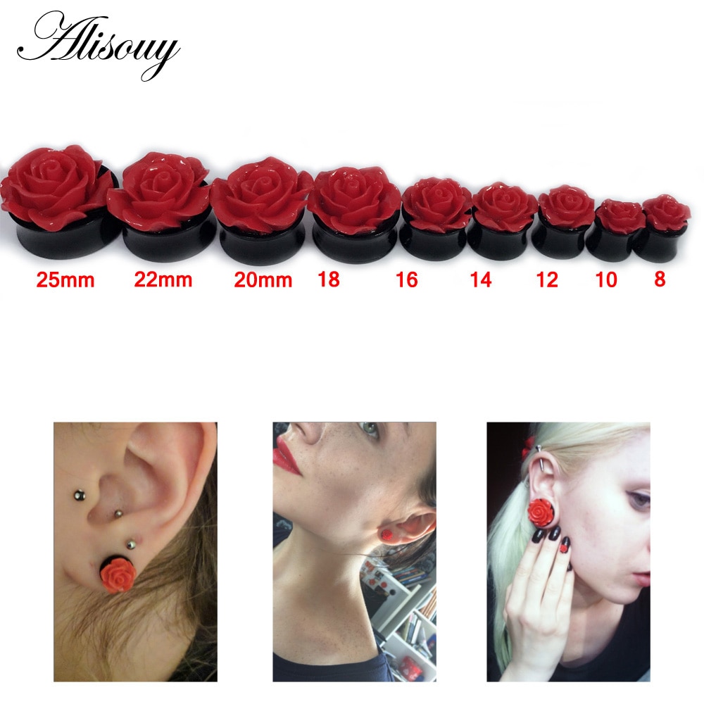 Alisouy 2PC 3D Red Rose Flower Ear Plug Acrylic Flesh Ear Plug and Tunnels Ear Expander Gauges 8-16mm ear jewelry for women girl