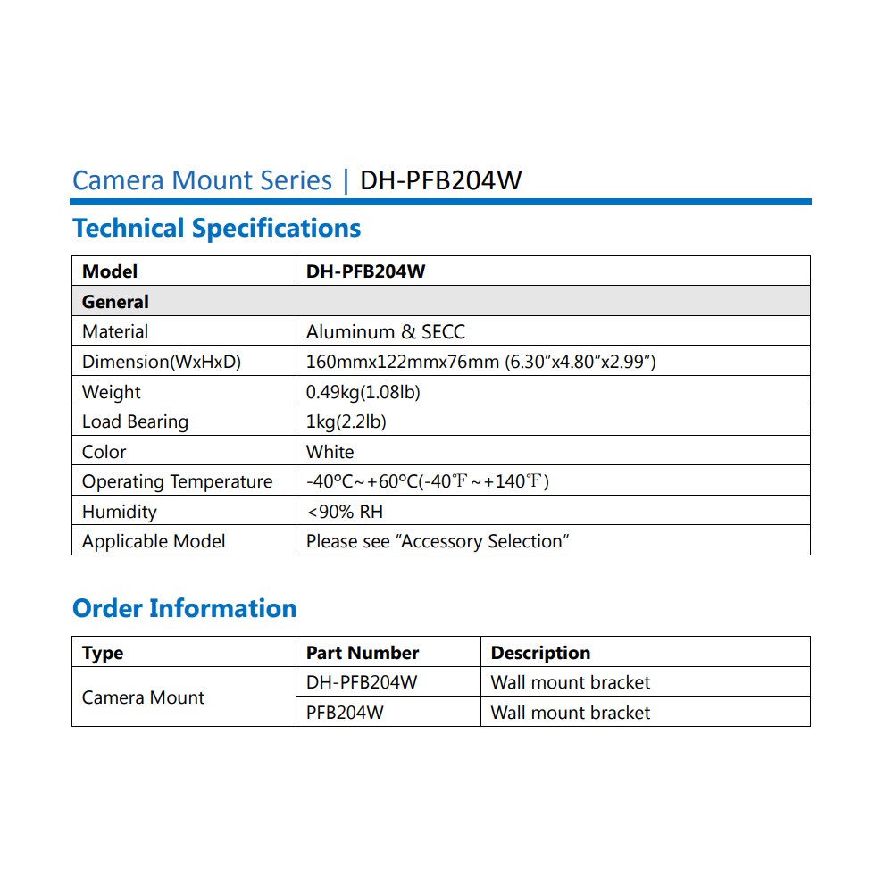 DH PFB204W Waterproof Wall Mount Bracket - For Dahua Fixed Lens Dome & Eyeball Cameras (White)