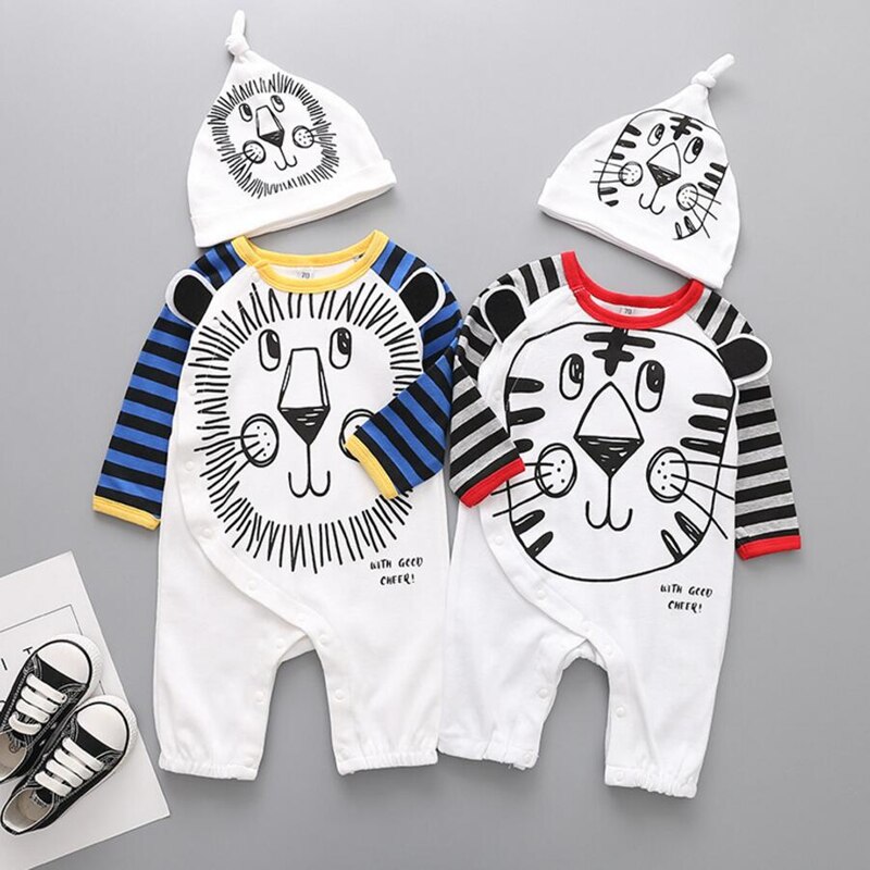 Baby Katoen Lange Rompertjes Baby Jongen Een Stuk Dier Leeuw Gedrukt Jumpsuit met Hoed Set Side Knop Open Rompertjes Jongens outfit