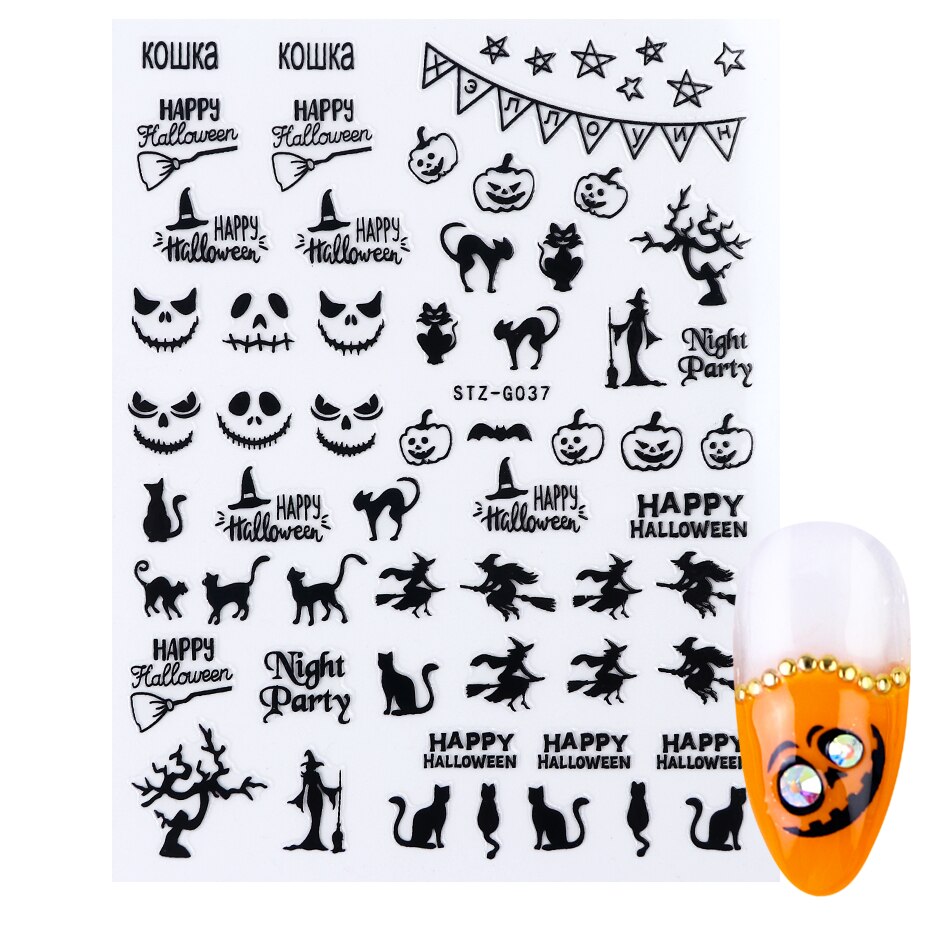 Halloween negler svarte klistremerker nail art dekaler edderkopp spøkelse gresskar kult skummelt skyveomslag negledekor manikyr chstzg 032-040: Stzg 037 svart