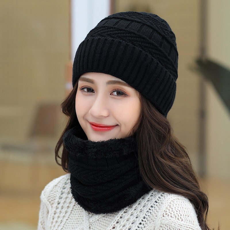Gorro de invierno tejido, conjunto de bufanda, gorros gruesos de algodón para mujer, cuello, suave gorro de felpa que mantiene el calor para mujer