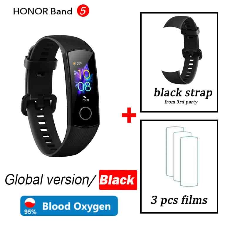 Honor band 5 wereldwijde versie smartband amoled hartslag fitness slaap zwemmen sport bloedzuurstofmeter: Zwart wereldwijd zwart