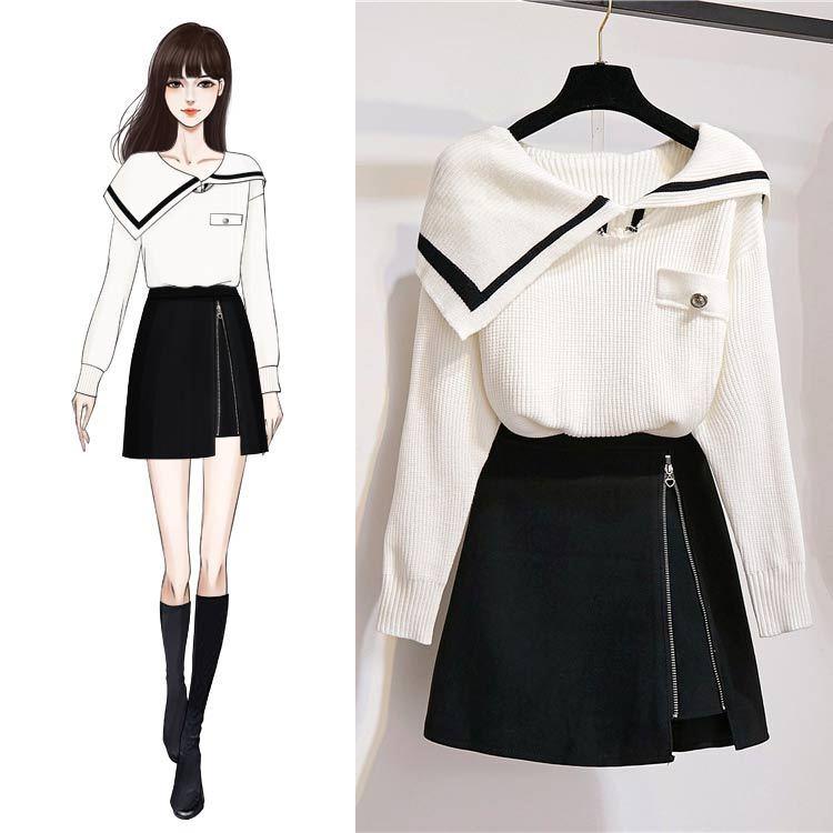 ICHOIX women 2 piece skirt set Korean style winter outfits white sweater + zipper mini skirt girl 2 piece set tops and skirt set