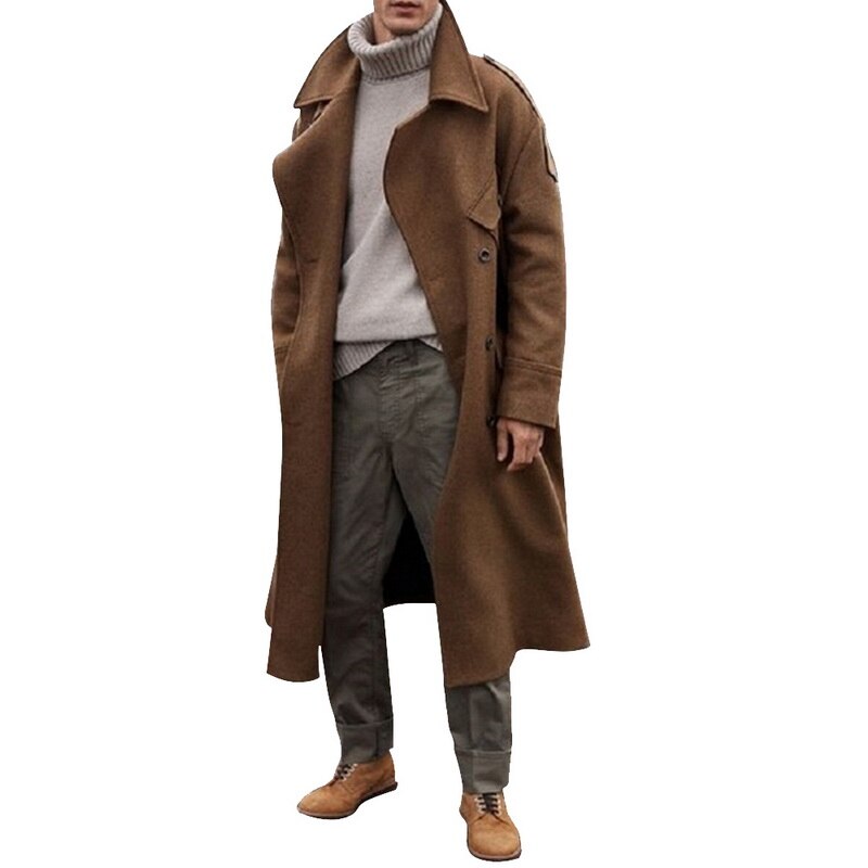 Khaki Trench Coat Men Classic Autumn Winter Long Jacket Men Casual Loose Long Coat Trench Male Overcoat Streetwear Coat: Khaki / L