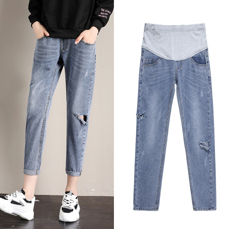 Maternity Denim Jeans Pregnancy Clothes for Pregnant Women Pregnancy Nine Pants Bottom Hole Trousers Maternal