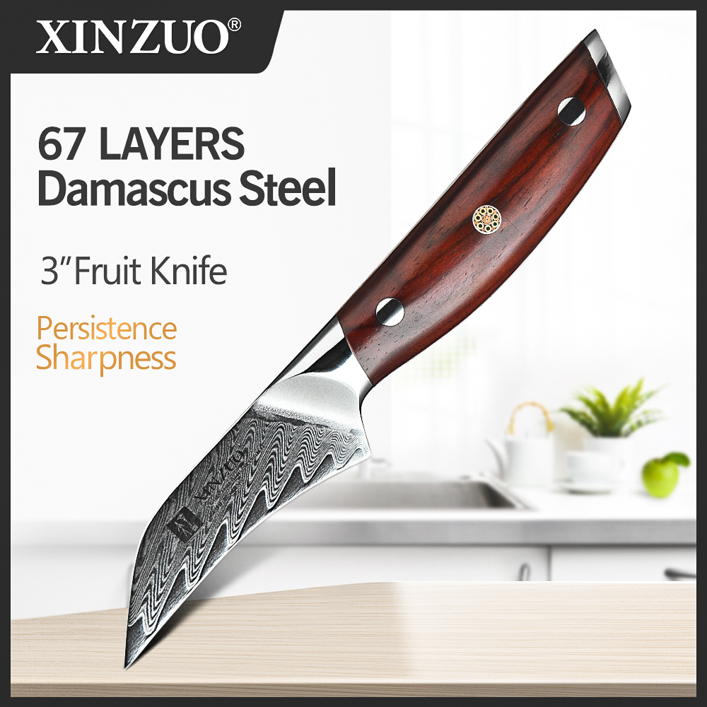Xinzuo 3 " skalkniv japansk damaskus stål vg -10 ergonomisk mosaiknit rosenträ handtag fruktskalning kökskniv