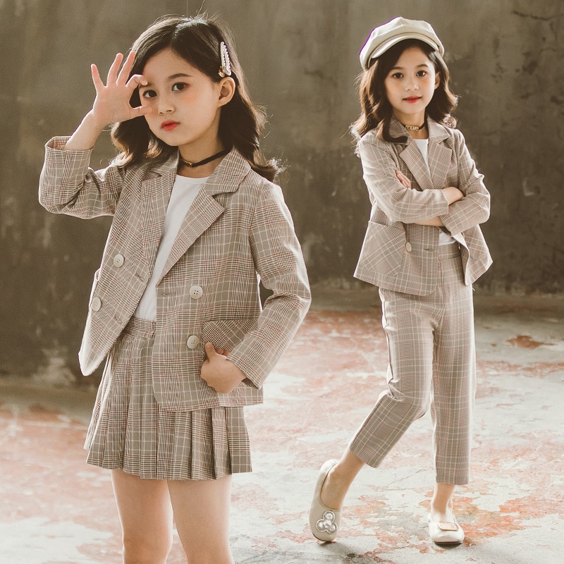 Girls Clothing Sets Spring Autumn Kids Plaid Suit Long-Sleeved Girls Outfits Children School Clothes 4 6 8 10 12 Years
